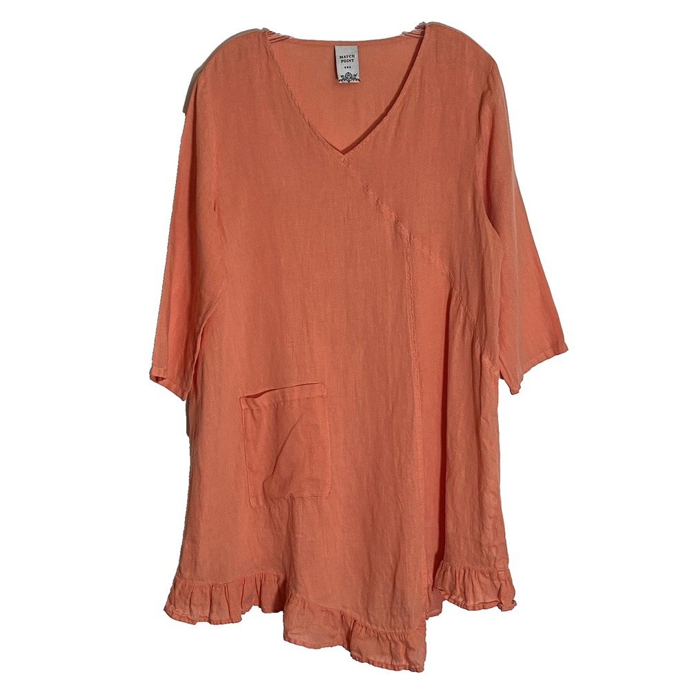 Match Point Top Womens Large Orange Linen Asymmetric Ruffle Coastal Lagenlook L